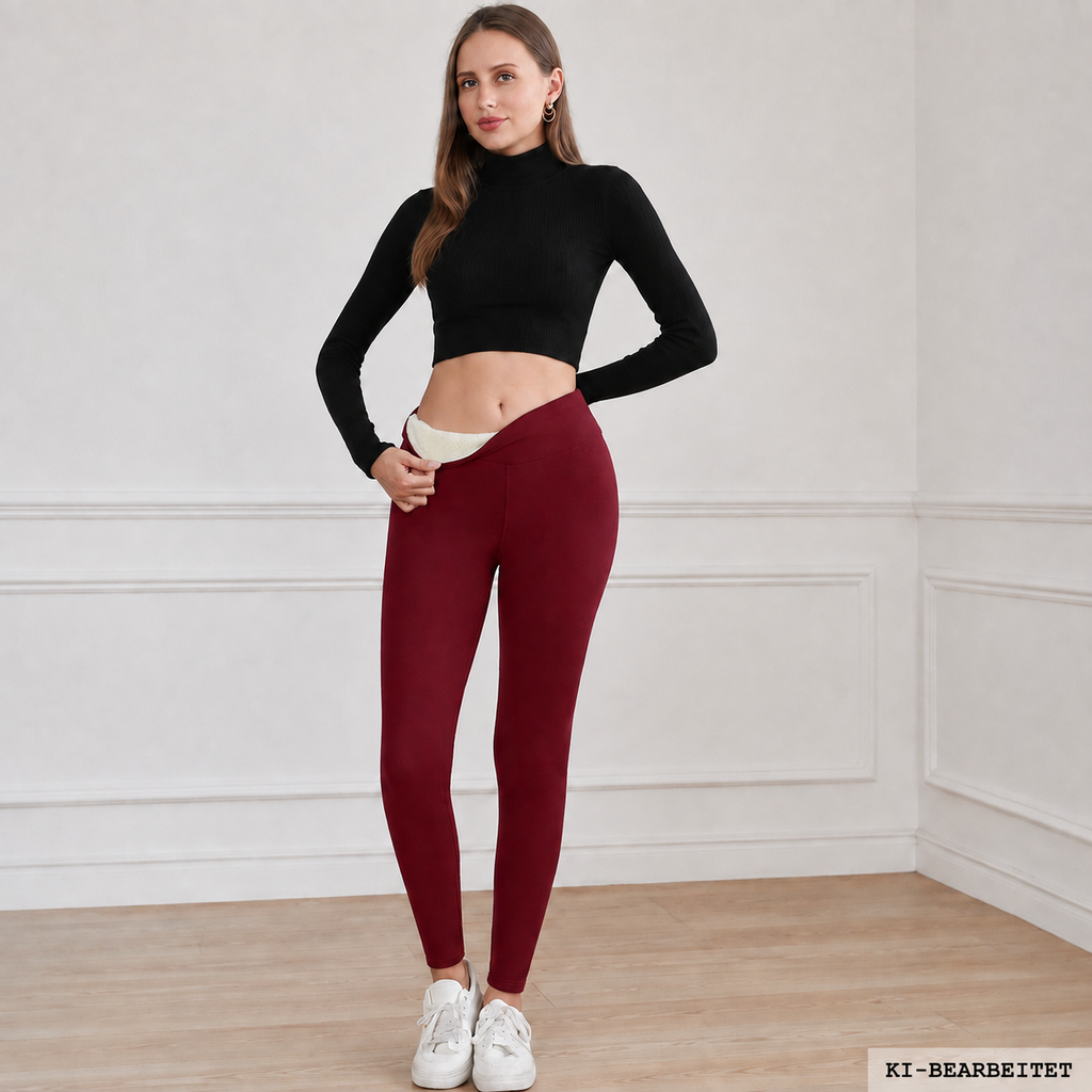 Thermo-Leggings Damen Fleece in Weinrot, Frontansicht mit Fleece-Innenfutter
