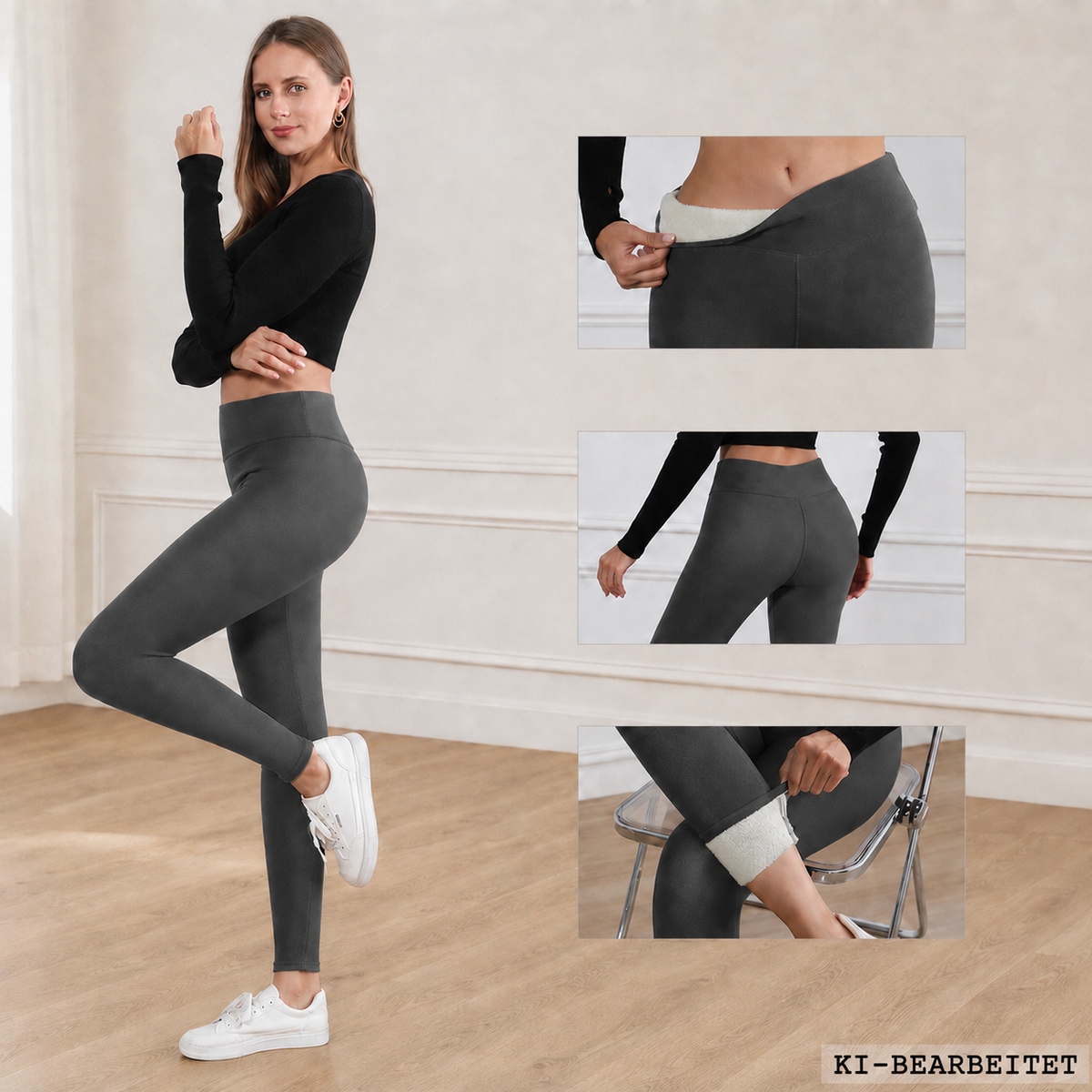 Thermo-Leggings Damen Fleece in Grau, Seitenansicht mit Detailaufnahmen
