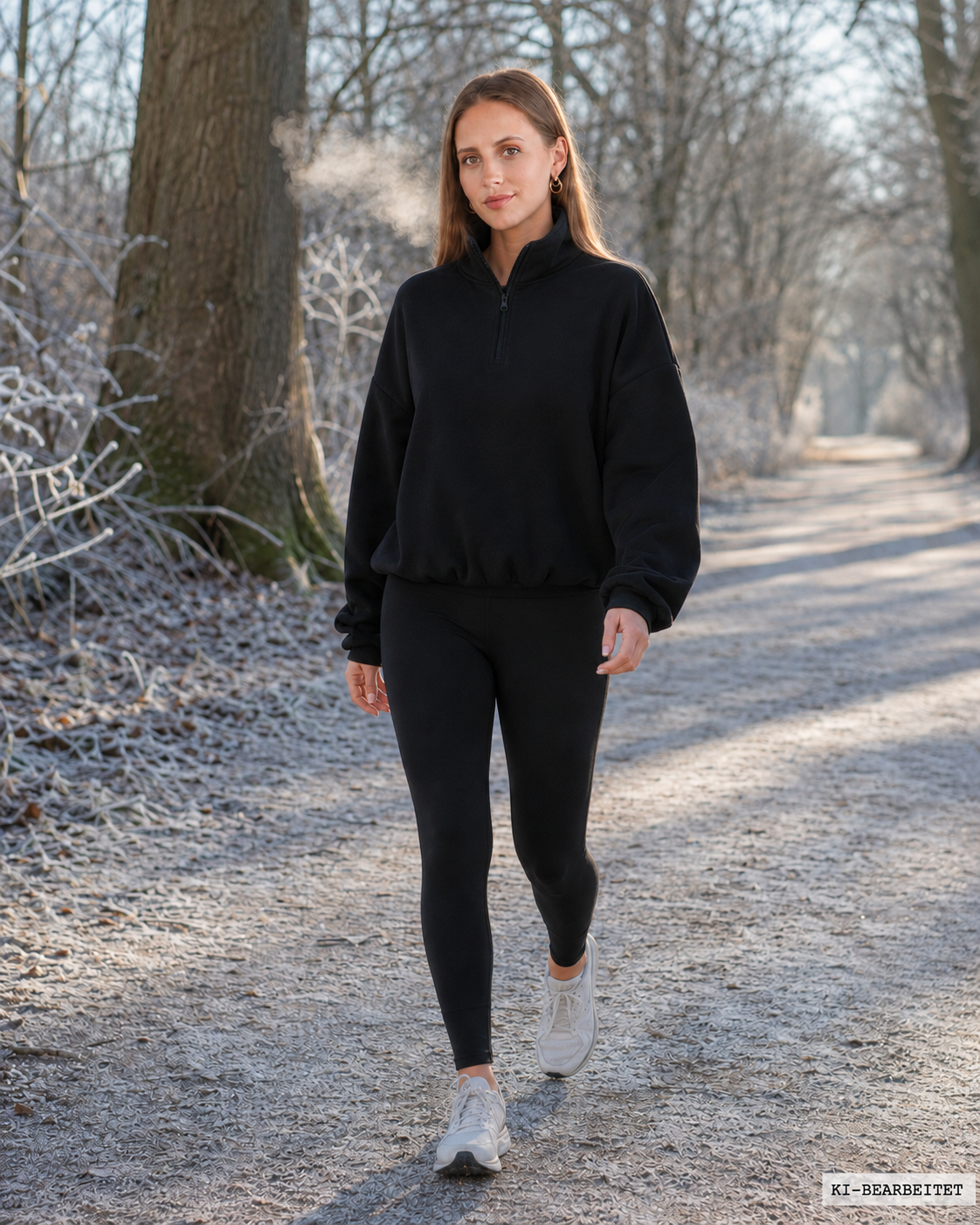 Fleece-Sweatshirt Damen beim Spaziergang im Freien an einem kalten Wintertag