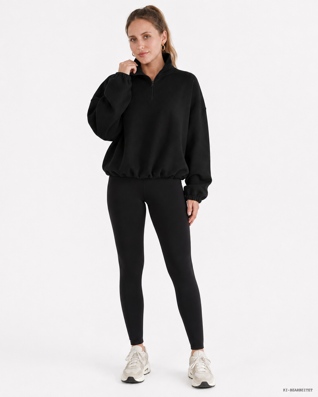 Fleece-Sweatshirt Damen Half-Zip in Schwarz, Frontansicht