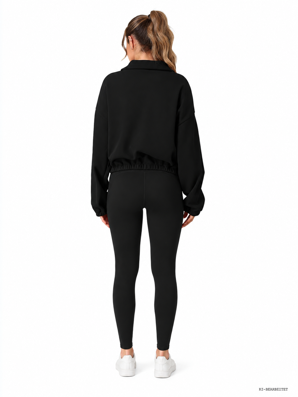 Fleece-Sweatshirt Damen Half-Zip in Schwarz, Rückansicht