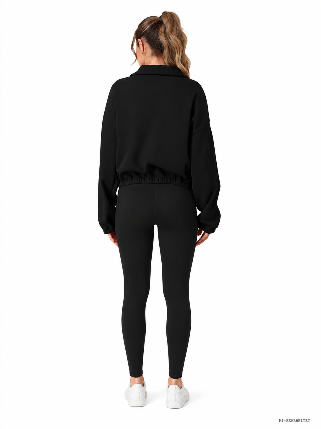 Fleece-Sweatshirt Damen Half-Zip in Schwarz, Rückansicht
